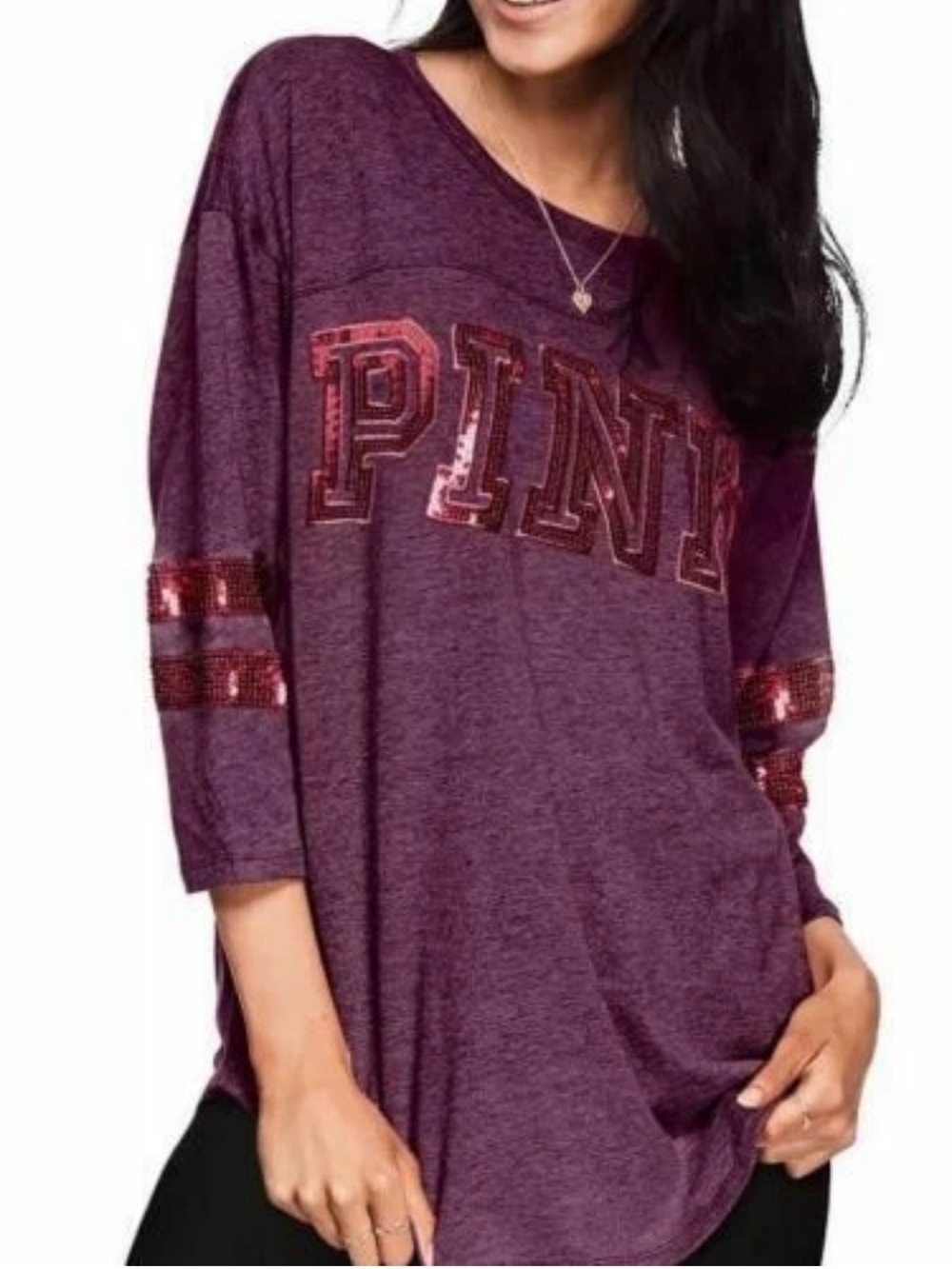 NWOT VICTORIA'S SECRET PINK TOP BOYFRIEND 3/4 SLEEVES SEQUIN JERSEY XSmall